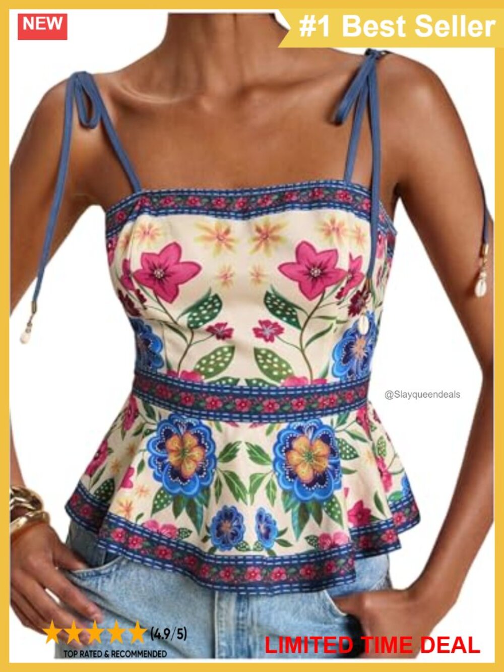 Women's Boho Peplum Cami Top Spaghetti Strap Floral Summer Blouse